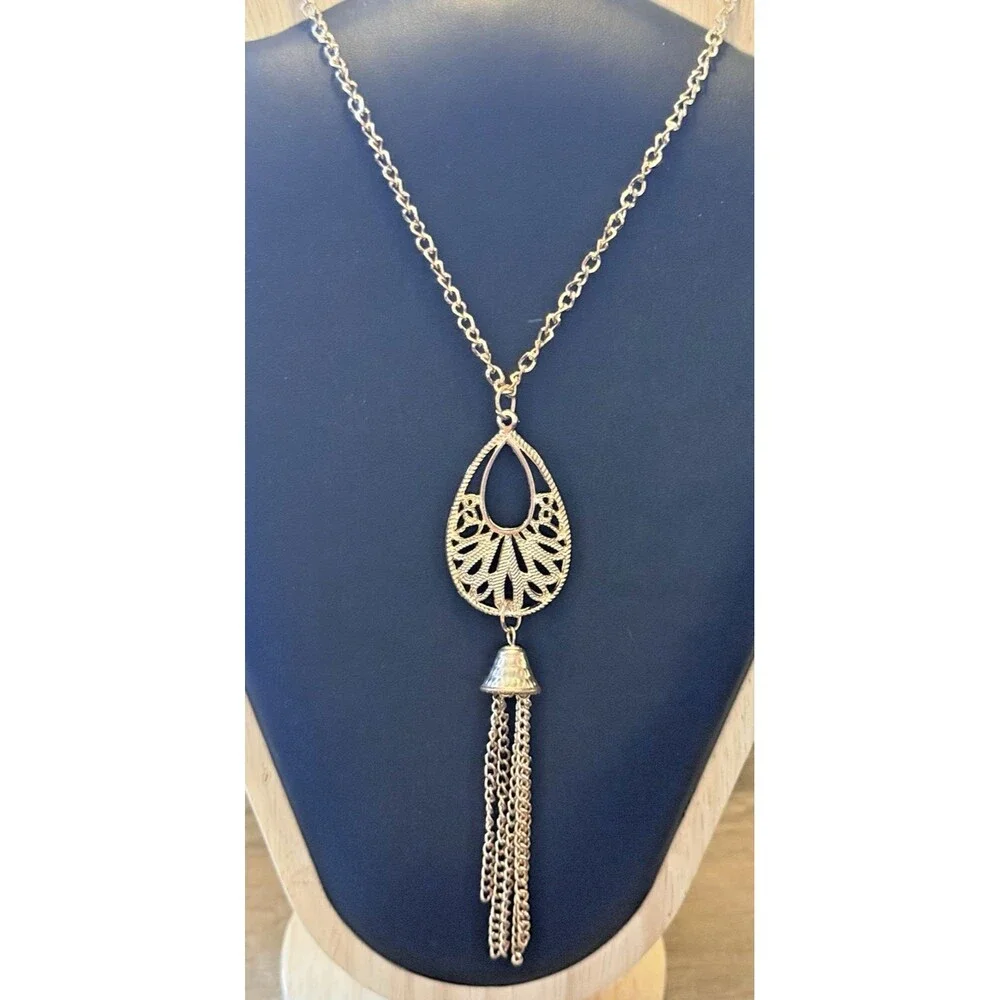 Gold Rose Tone Necklace Filigree Teardrop Pendant Tassel Chain